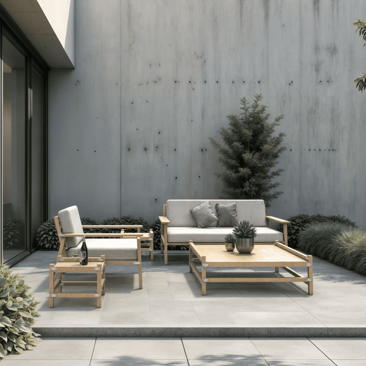 conjunto exterior mesas y silla madera